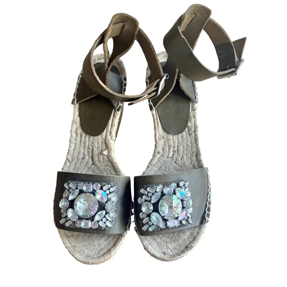 J. Crew Factory Olive Green Jeweled Espadrille Wedge Sandals